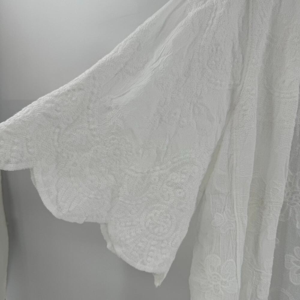 Kindred Boho Embroidered Kimono Coverup Sz L White Open Front Flutter Scallop - Picture 4 of 7
